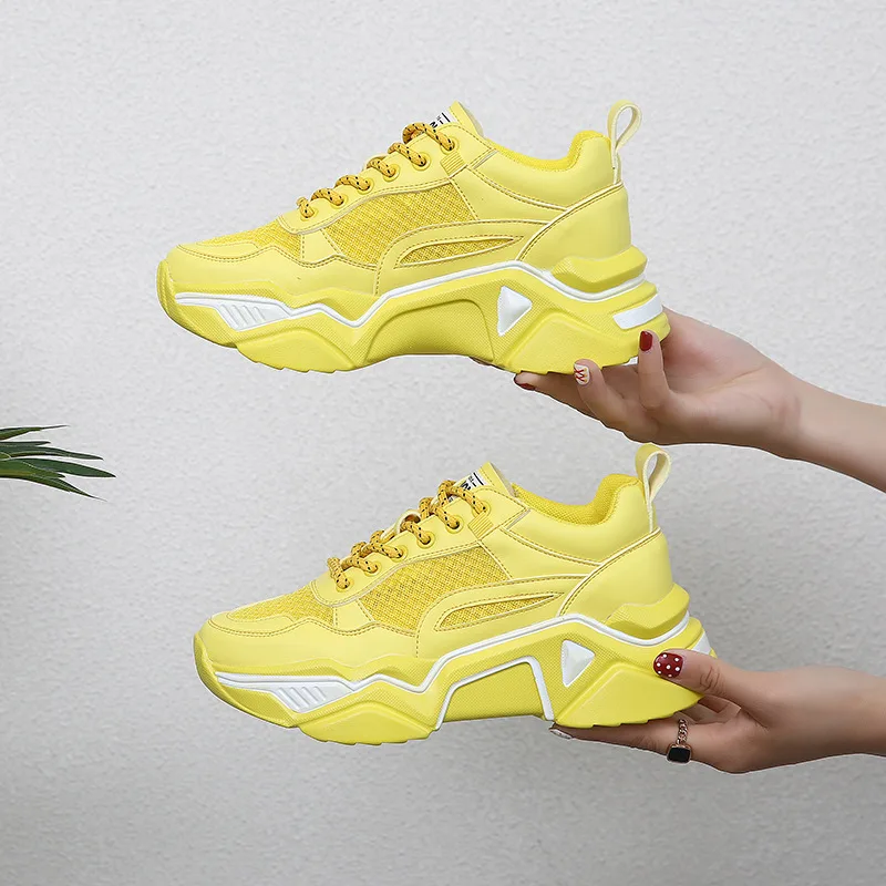 yellow DORATASIA New INS Hot Summer Breathable Dad Shoes Woman mixed-color Mesh Sneakers Women Fashion lace-up Flats - Цвет: yellow