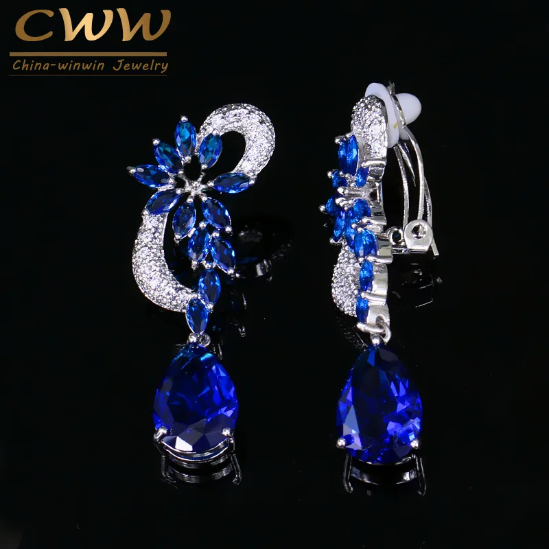 blue CWWZircons, модные серьги в форме капли воды, AAA, кубический цирконий, клипсы для ушей, без пирсинга, серьги для женщин, свадебные ювелирные изделия, подарок CZ018 - Окраска металла: blue