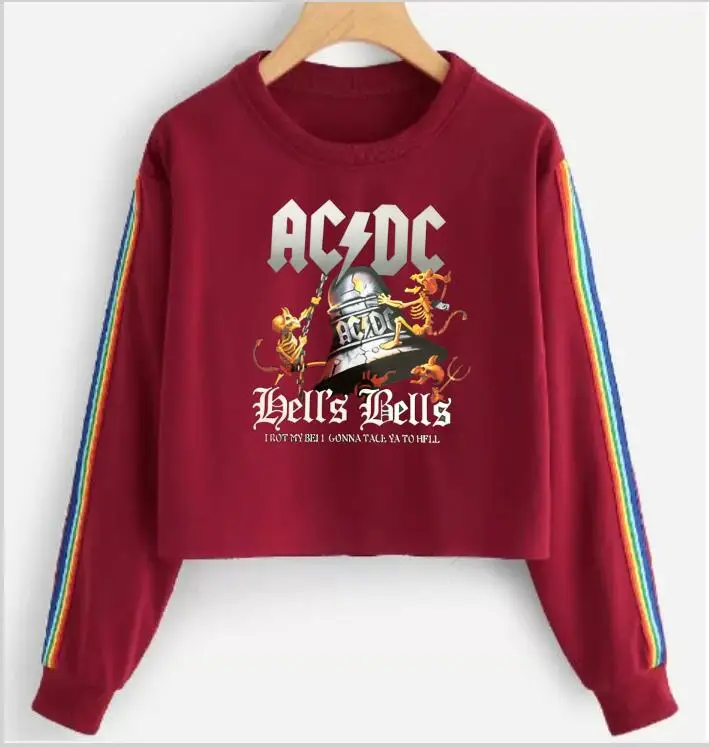 Fashion temperament women's ACDC round neck long-sleeved T-shirt clock short rainbow stripes streetwear | Женская одежда