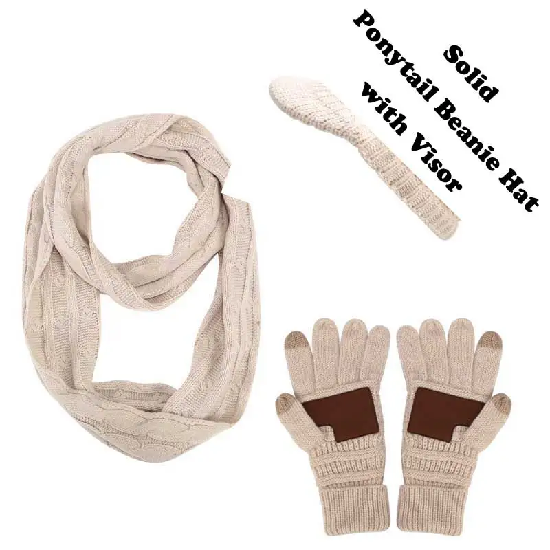 B-Solid-Beige Ponytail Beanie Women Scarf Hat Glove Sets Knitted Winter Cap Warm Skullies Beanies Woolen Hats Casual Female Slouchy Knit Caps - Color: B-Solid-Beige