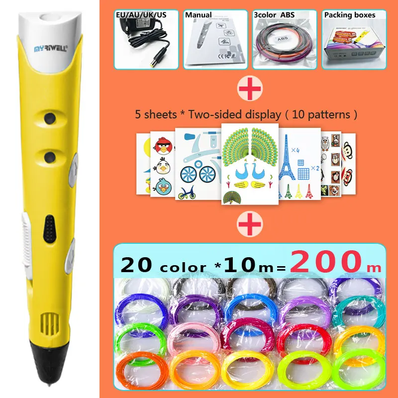 Yellow pen Package 3 Myriwell 3d Ручка 3d ручки, 1,75 мм ABS/PLA нити, 3 d ручка 2018Smart3d ручка с принтом, подарок на день рождения ребенка, 3d печать pen3d модель - Цвет: Yellow pen Package 3
