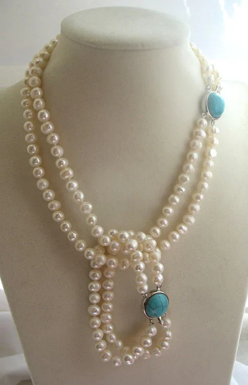 

2ROWS freshwater pearl WHITE NEAR ROUND 7-8MM necklace bracelet 17-18inch FPPJ wholesale beads nature