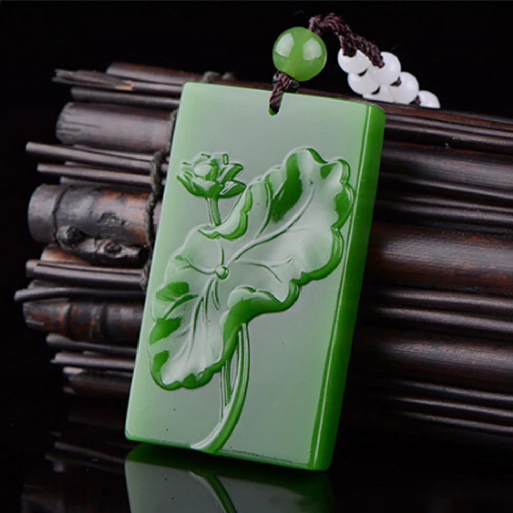 

Natural Xinjiang Hetian Jadeite Pendant Hand Carved Lotus Leaf Green Lotus Necklace for Men and Women Amulet Jewelry Dropship