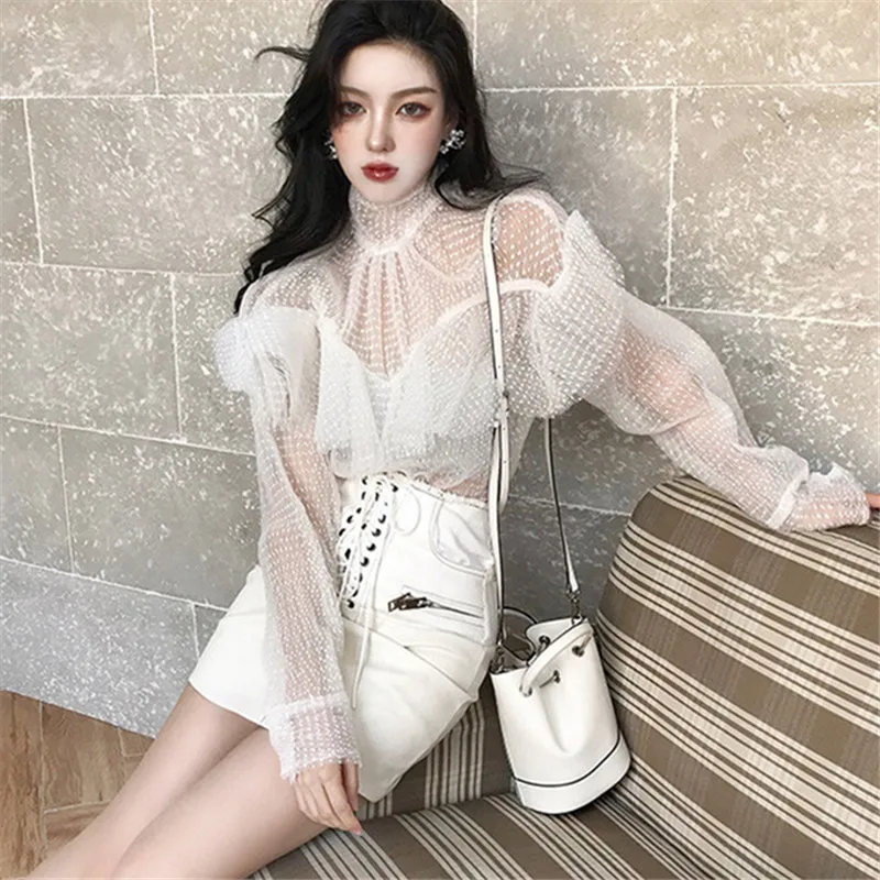 Korobov 2019 Новое поступление для женщин Блузка Стенд Collor горошек сетки Blusas корейский