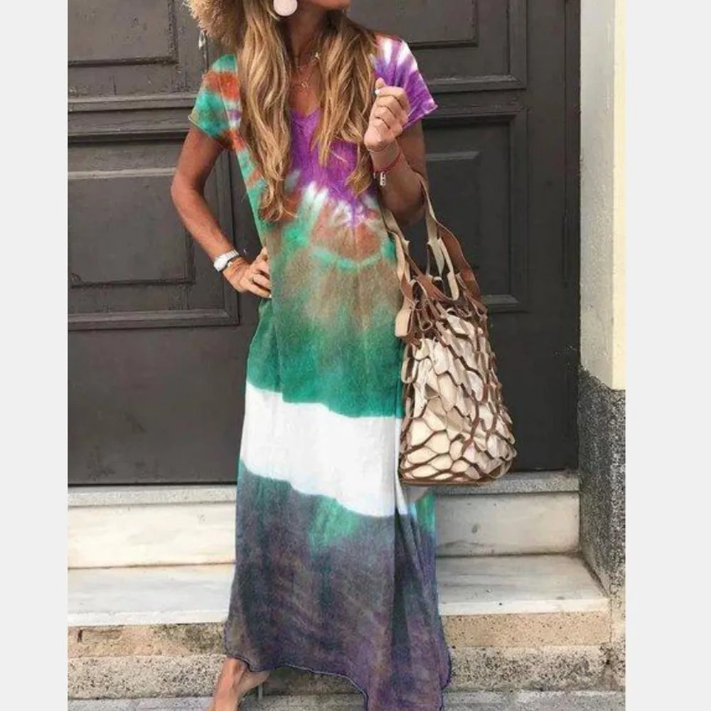 Женские Длинные Макси платья с цветным Ретро принтом v-образный вырез хлопок