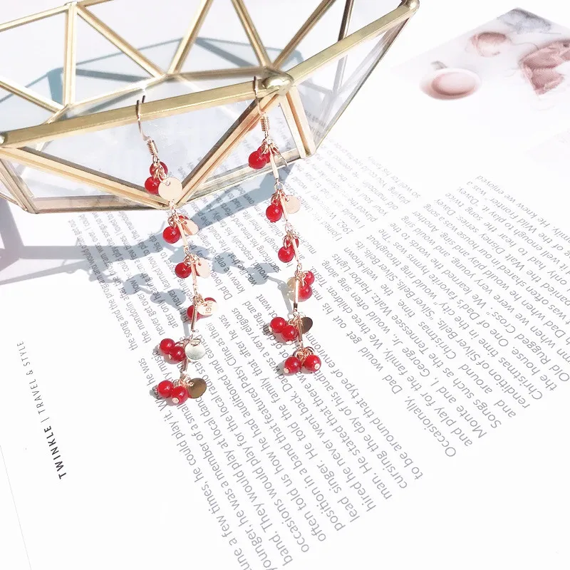 Simple Sweet Geometric Red Tassel Bead Women Dangle Earrings Small Grape Bunch Long Drop Fashion Jewelry | Украшения и аксессуары