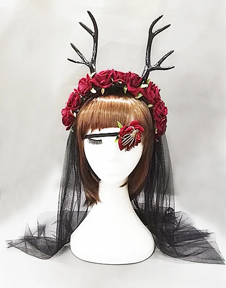 

Goth Reindeer Antlers Headband Roses Folower Veil Hairbands With Blinder Eye Patch For Party Christmas & Easter Hair Accessories