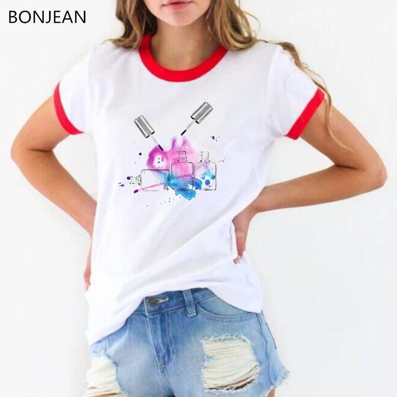 Женская одежда лак для ногтей, печать harajuku футболка femme Графический футболки tumblr летняя для женщин kawaii Белая