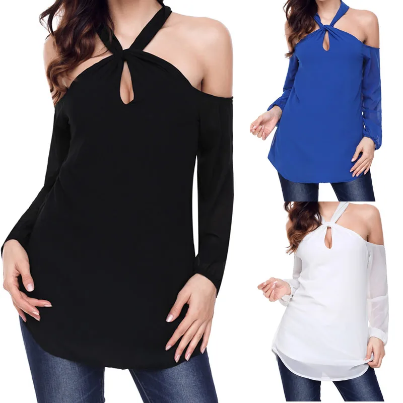 Женская блузка с открытыми плечами черная длинным рукавом белая кружевная