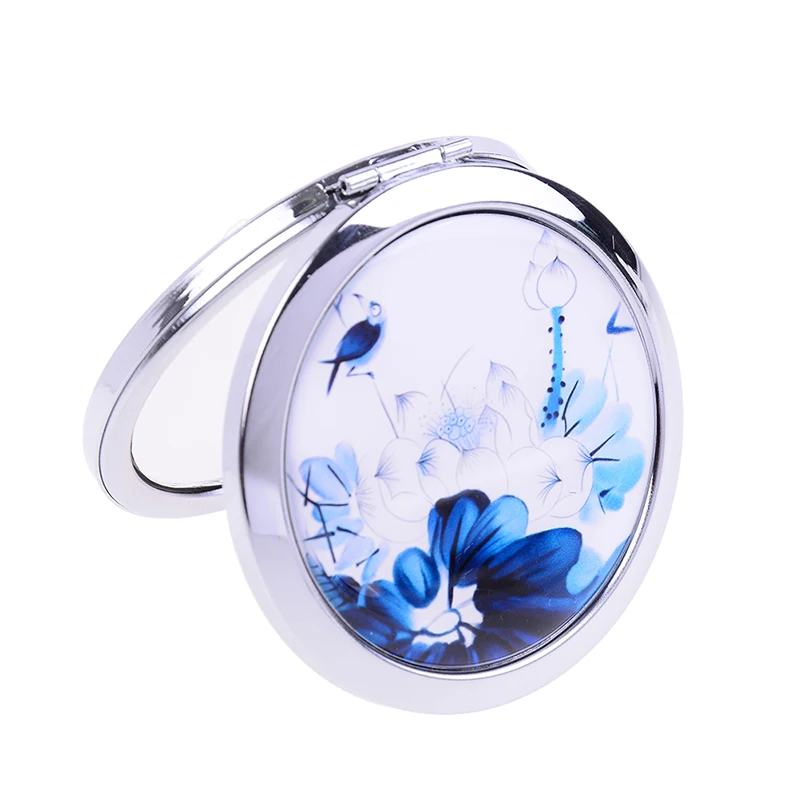 White and Blue Porcelain Mirrors Mini Makeup Compact Pocket Mirror Double Sided Magnifying Folding | Красота и здоровье