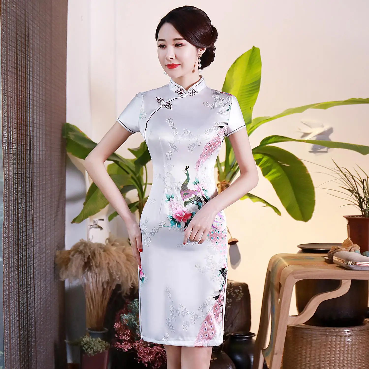 Черный цветочный принт женское короткое тонкое Cheongsam сексуальное китайское традиционное платье с высоким разрезом размера плюс вискоза Qipao Vestidos S-6XL - Цвет: Style A