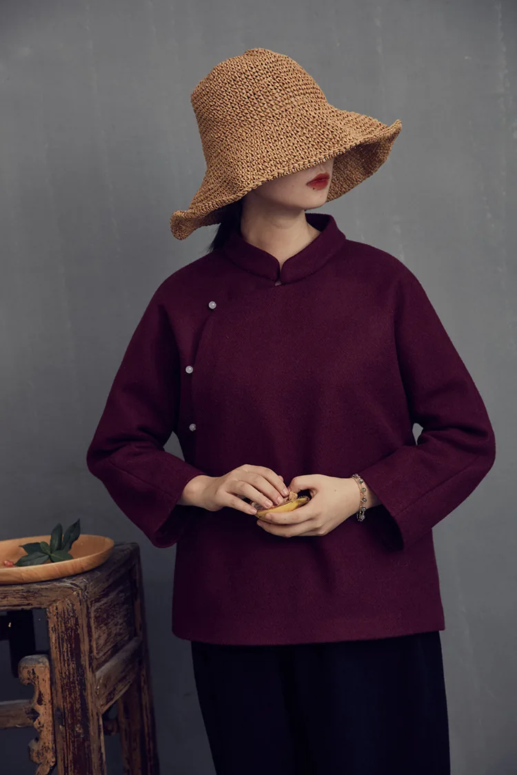 Winter New Traditional Slant Beads Button Stand Collar Woolen Women Coat Caramel Purple Colors Elegant Ladies Retro Jacket | Женская