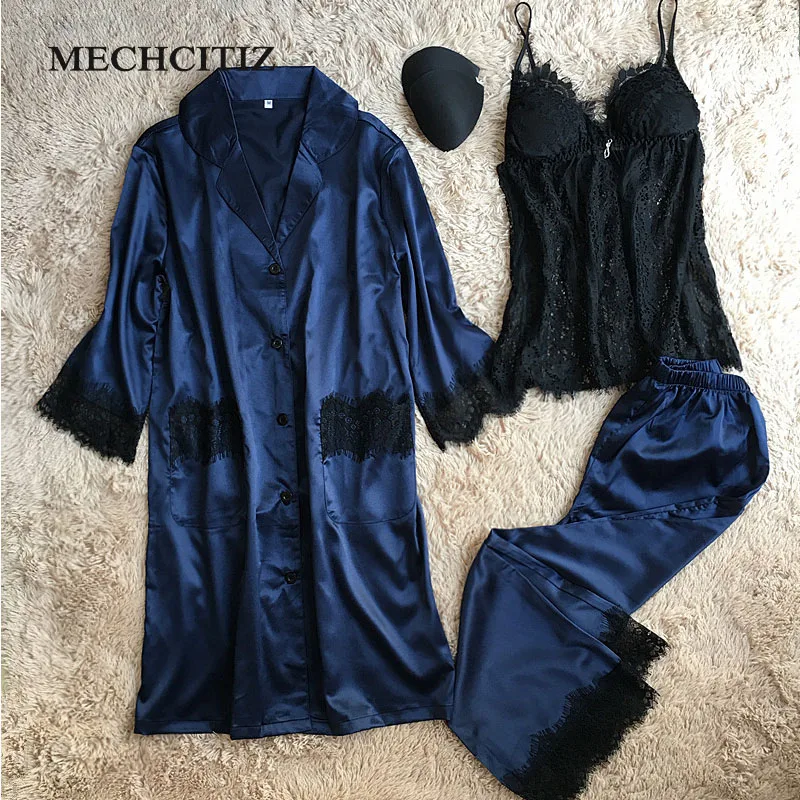 MECHCITIZ 2019 Three Piece Silk Pajamas Sets For Women Robe Sling Pants Stripe Pyjamas Spring Warm Long Sleeve Sleepwear Lounge | Женская