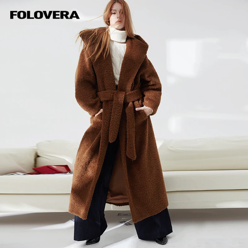 Folovera 2017 теплый альпака пальто зимнее шерстяное с капюшоном пояс длинным