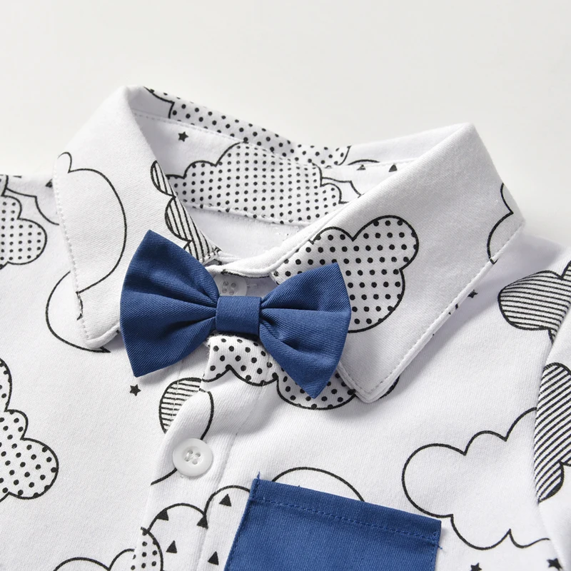 Baby Boy Short Clothes Set Cloud Pattern Romper Bow + Blue Five Pants Suit Infant Boys Outfit 1 2 3 Years White Top Belt |
