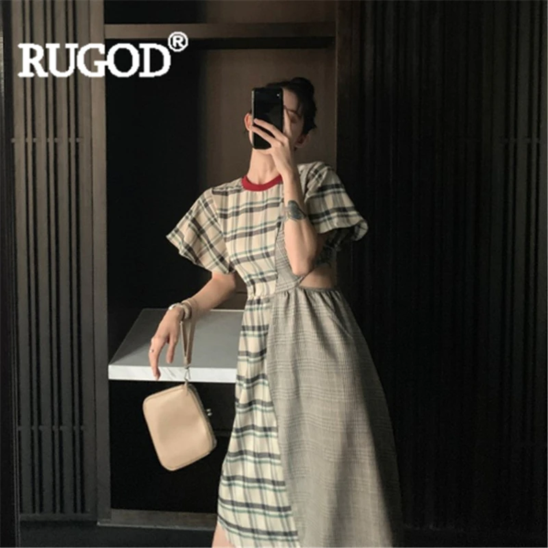Женское винтажное клетчатое платье RUGOD в стиле пэчворк с круглым вырезом и