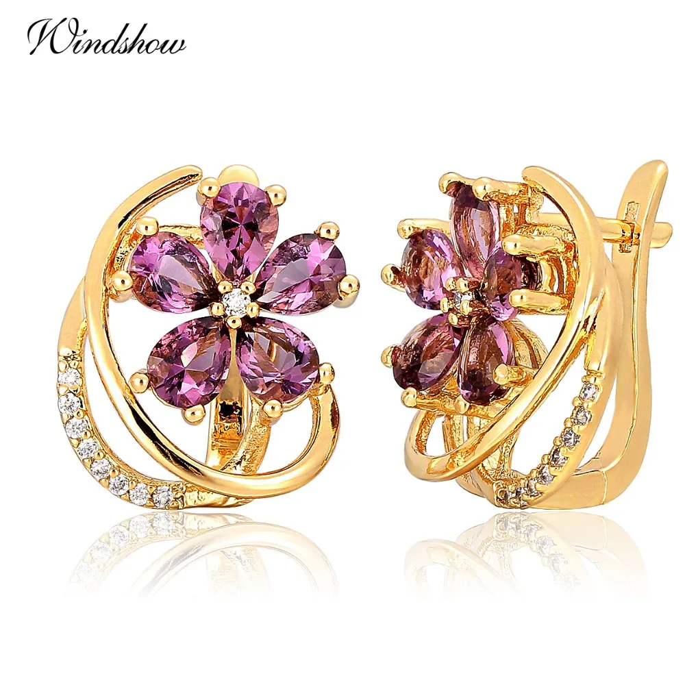 Маленькие женские серьги кольца Windshow с пятилепестками и фиолетовым цирконием