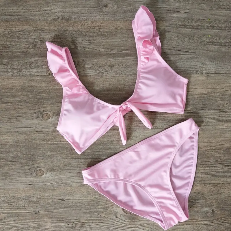 pink Новое бикини, Хит, комплект бикини для женщин, сексуальный, черный, красный, купальник, пуш-ап, одежда для плавания, одноцветная, для женщин, с оборками, пляжная одежда, купальные костюмы - Цвет: pink