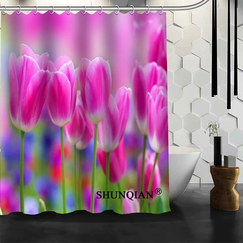 

Custom tulips Shower Curtain High Quality bathroom Accessories Polyester Fabric Curtain With holes