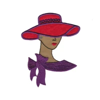 tan red hat lady with sequined earring and hat band iron on patch large custom patch