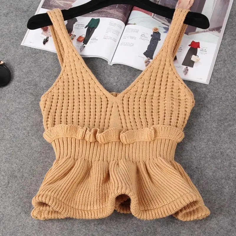 Для женщин трикотажное эластичное Ruffled Crop Топы кофта с v-вырезом без рукавов с открытой спиной Туника женская майка лето сексуальный топ Для женщин
