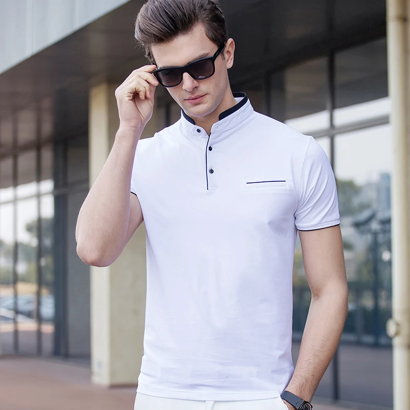 Мужская хлопковая рубашка-поло с воротником-стойкой и коротким рукавом | одежда