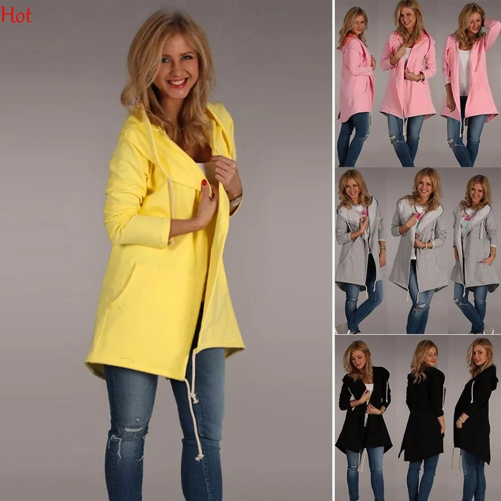 Женское пальто с капюшоном длинный рукав одноцветные карманами распашные худи