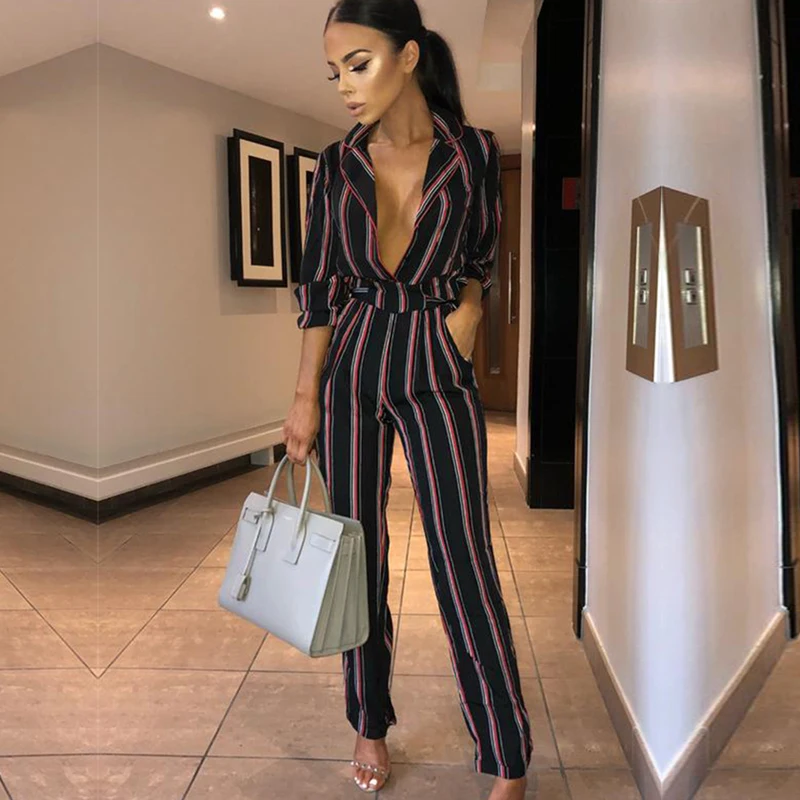 Missufe Notched Striped Women Jumpsuits With Blelt Lace Up Overalls Female Rompers Slim Playsuit Long Sleeve Bodysuits For | Женская