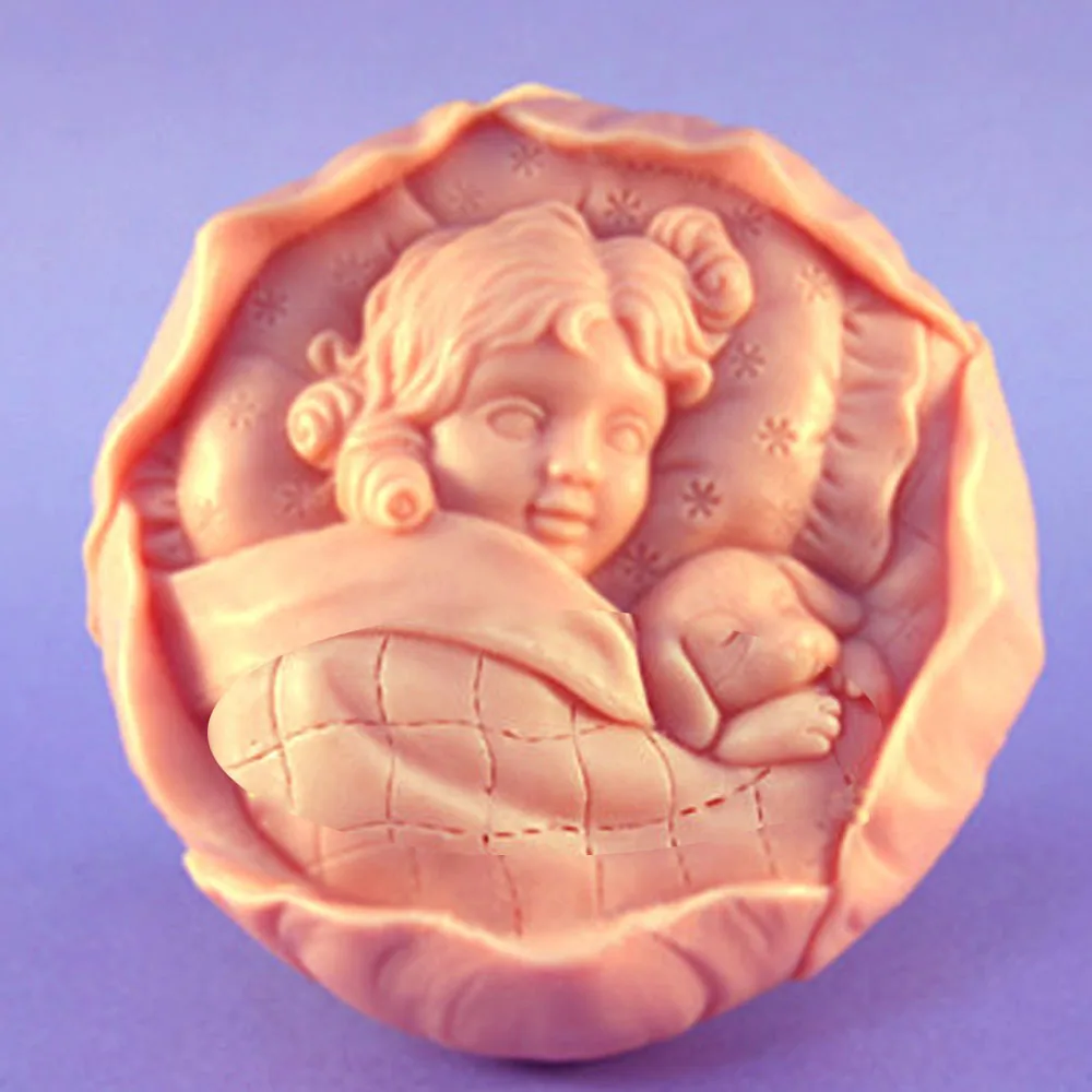 

Sleeping Baby Silicone Molds With Dog Round Candle Mould Clay Plaster Aromatherapy Moulds