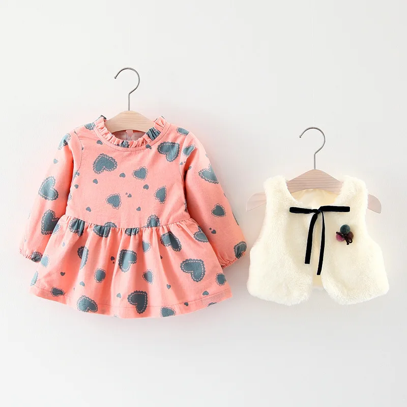 

Spring Winter Baby Girls Floral Print Long Sleeve Princess Tutu Kids Party Dress + Fleece Waistcoat