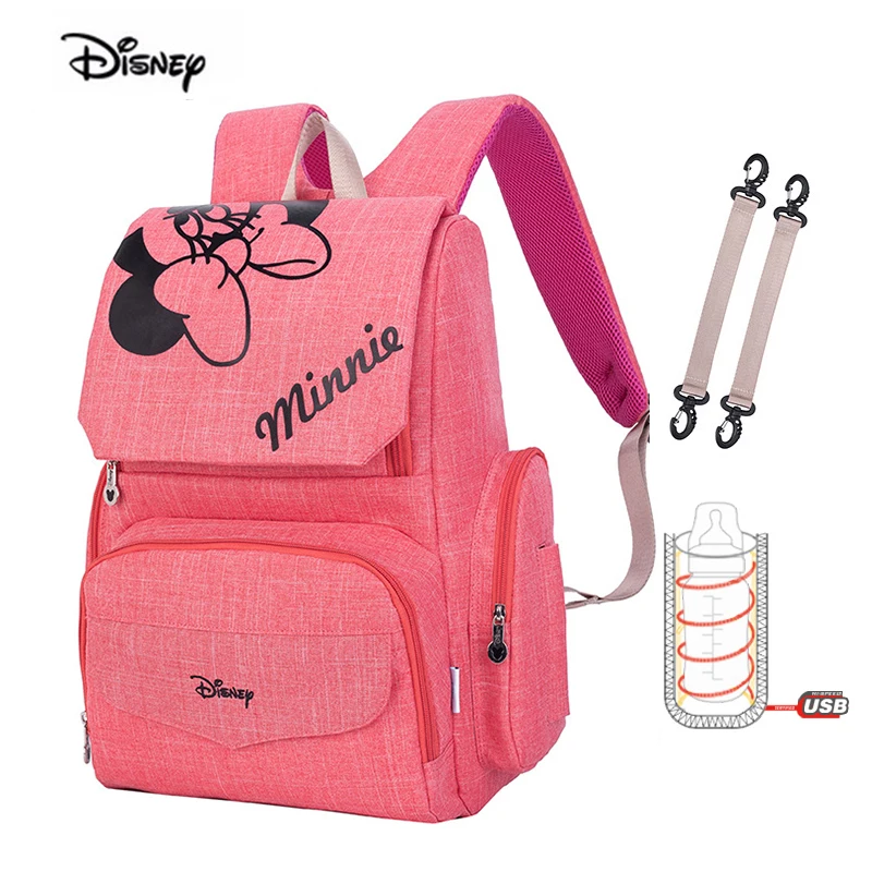 Pink Disney Minnie Новая Мумия пеленки сумка мода двойной плечо водонепроницаемый Мать сумка для детских подгузников USB теплее материнства рюкзак - Цвет: Pink