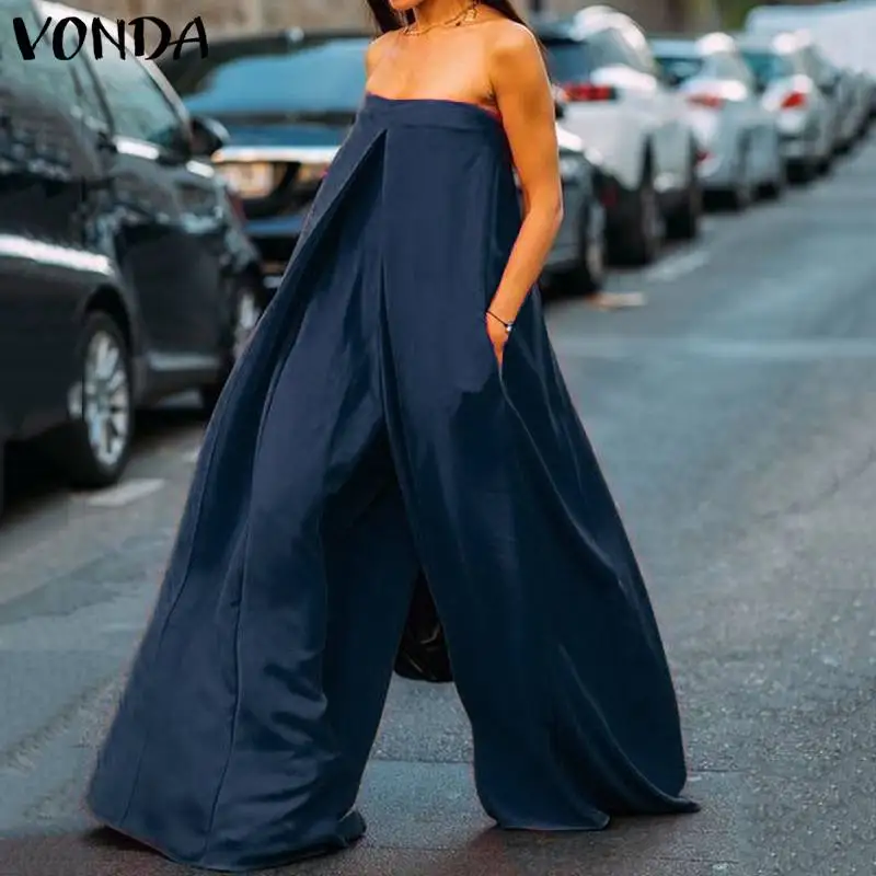 VONDA, широкие штаны, женские, s, модные комбинезоны, женские, сексуальные, с открытыми плечами, повседневные, свободные, комбинезоны размера плюс, брюки Femme Pl