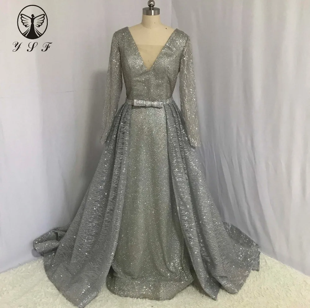 Дизайнерские блестящие Серебристые Выпускные платья русалки с v образным