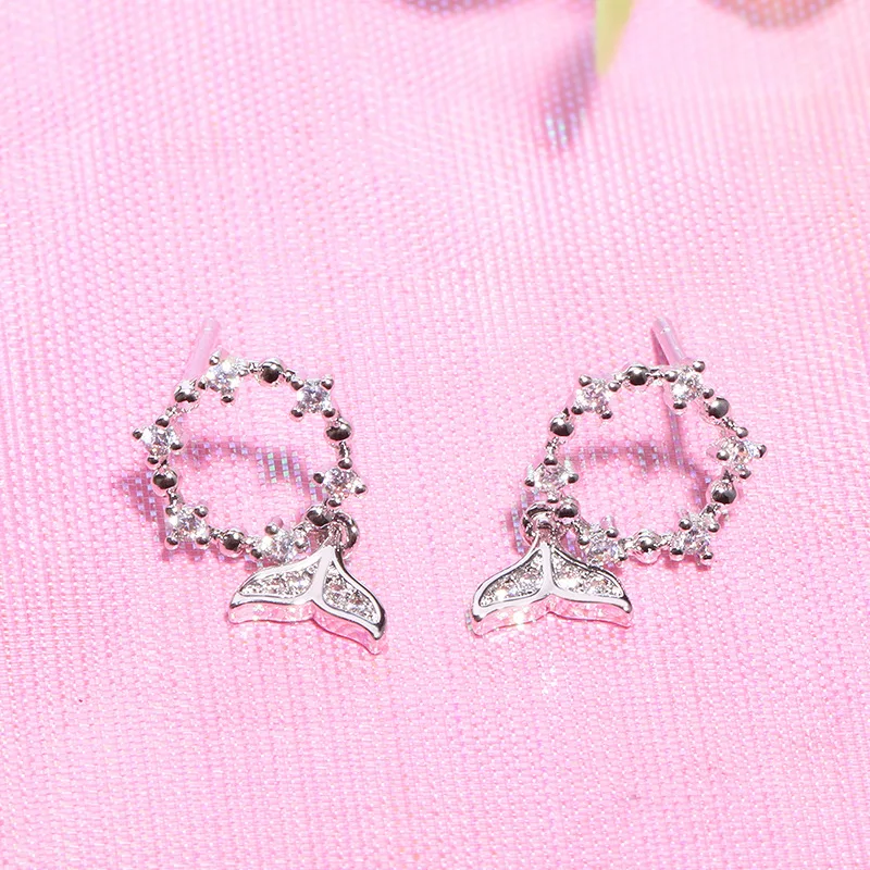 FENGLI Korean Fashion Silver Drop Earring Cute Whale Tail Crystal Earrings Women's Clothing Accessories boucle d'oreille bijoux |