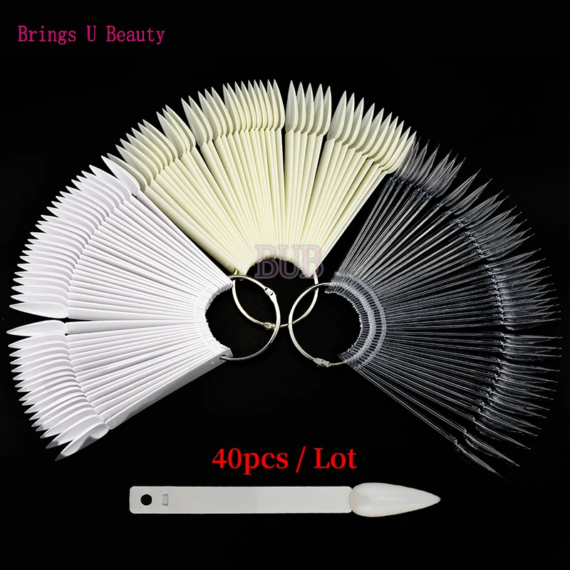 

40pcs Stiletto Sharp False Nail Tips Sticks Color Chart Cart with Fan Wheel for Dip Powder UV Gel Nail Polish Color Display