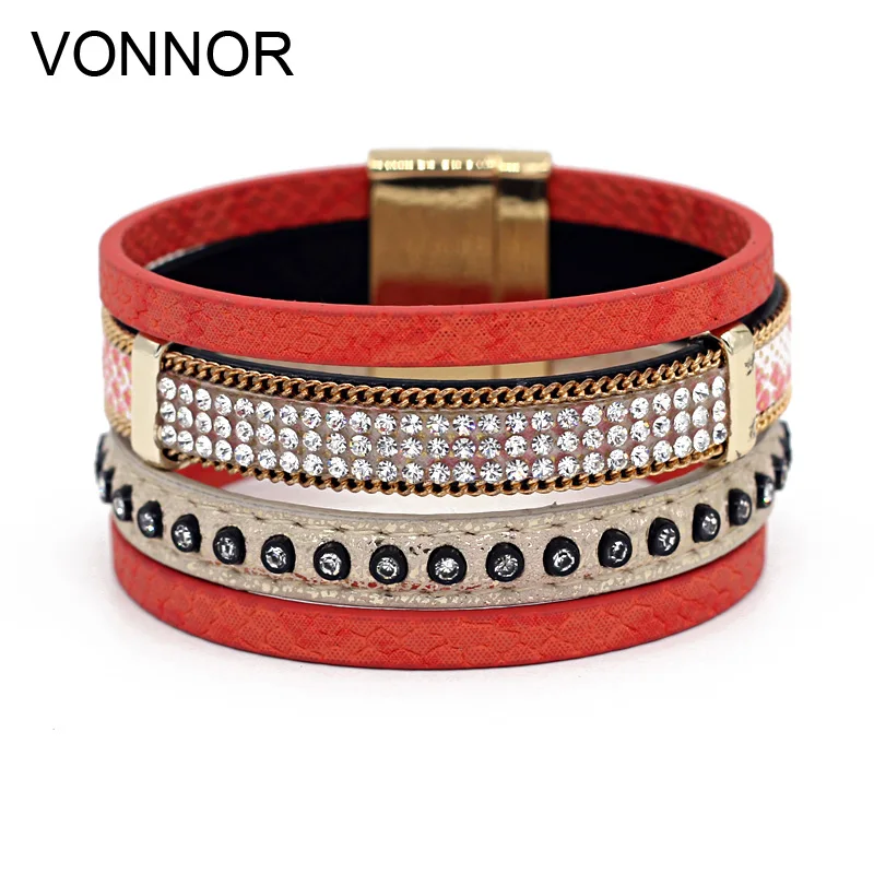Vonnor Jewelry Для женщин браслет Многослойная кожа горный хрусталь Аксессуары женский