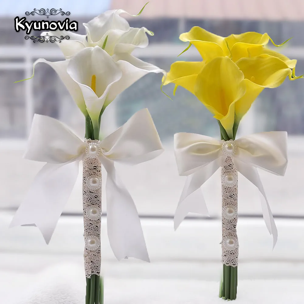Kyunovia настоящий сенсорный желтый Калла палочка для подружки невесты | Свадебные букеты -32911808984