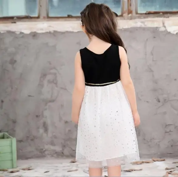 Summer shining gold silver pentacle star lacing mesh sleeveless vest baby girls princess chiffon dress kid children | Детская одежда и