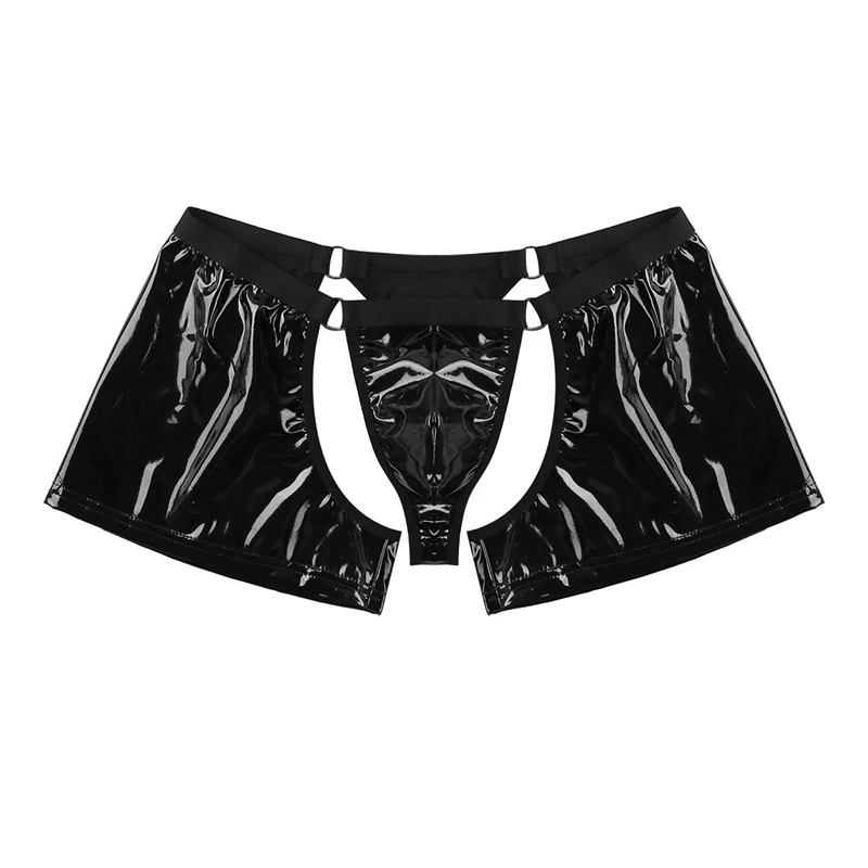 Black Mens Lingerie Wetlook Soft Faux Leather Cut Out Bulge Pouch Low Rise Boxer Shorts Underwear Perfect for lingerie night |