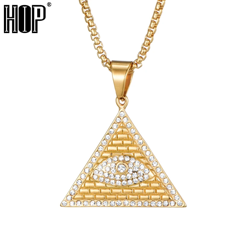Хип хоп Bling Iced Out масонов Иллюминаты Подвески глаза треугольник золотого цвета из нержавеющей стали ожерелья с пирамидками для мужчин ювелирные изделия