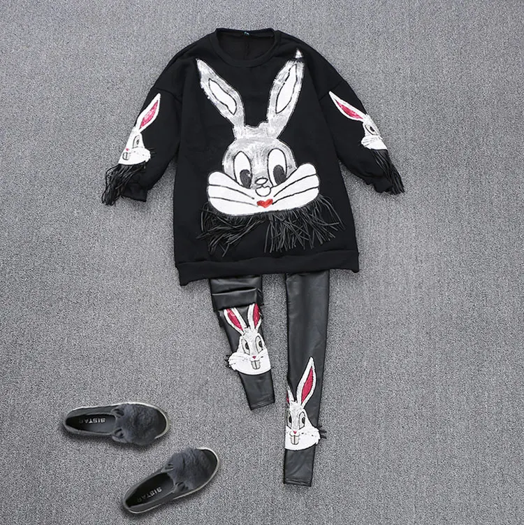 Европейский 2018 Осенняя мода костюм Блестки Кролик кисточкой топ + пайетки брюки с