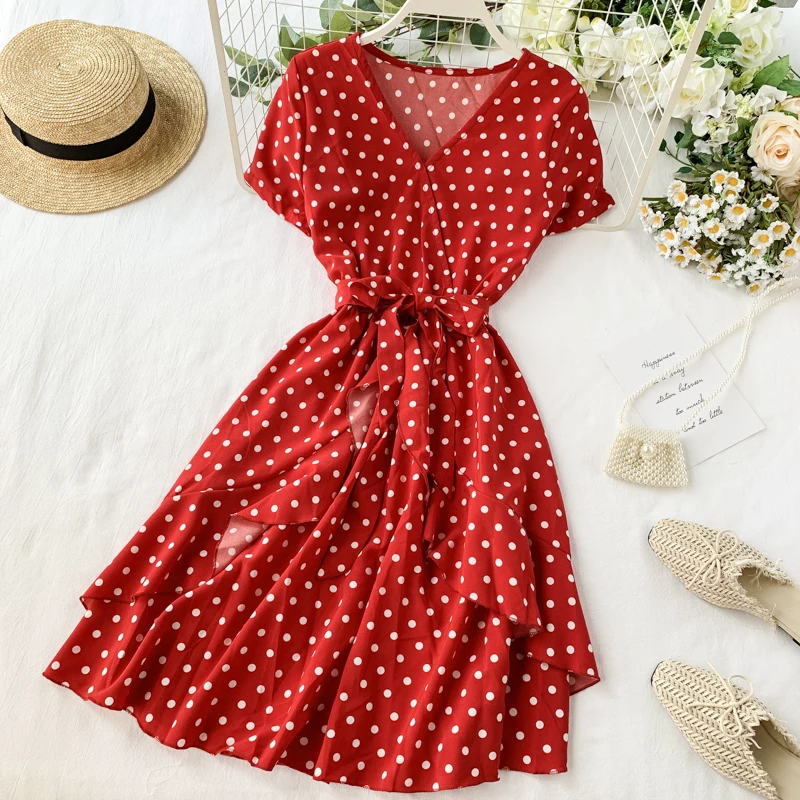Vintage Polka Dot Print V Neck Ruffles Short Bandage Dress Chiffon Summer Party Women Casual High Waist Beach Dresses