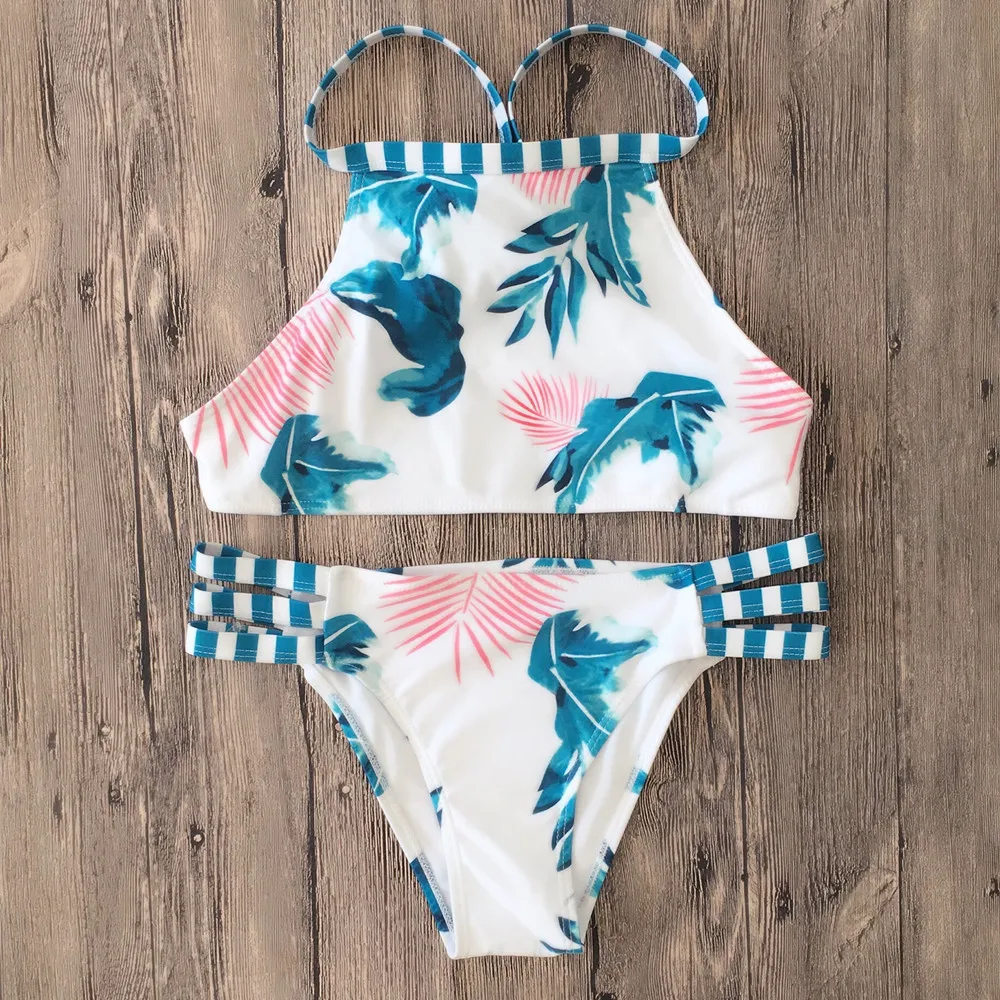 Bikini 2018 Swimwear Women High Neck Swimsuit Bathing Suit Push Up Set Vintage Leaf Print Female Beachwear With Pad |