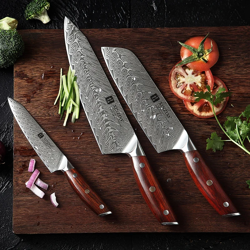 XINZUO 3 шт. наборы кухонных ножей VG10 Дамасская сталь Santoku кухонные ножи шеф-повара острый Кливер ножи для нарезки подарок нож инструменты