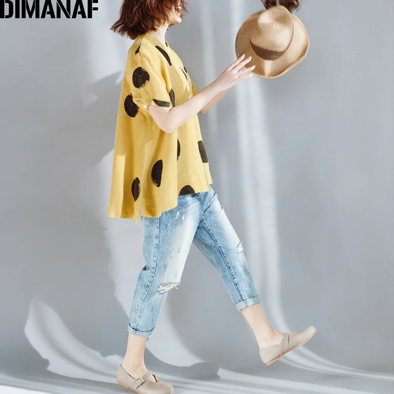 Женская льняная блузка в горошек DIMANAF свободная большого размера летний топ 2020 |