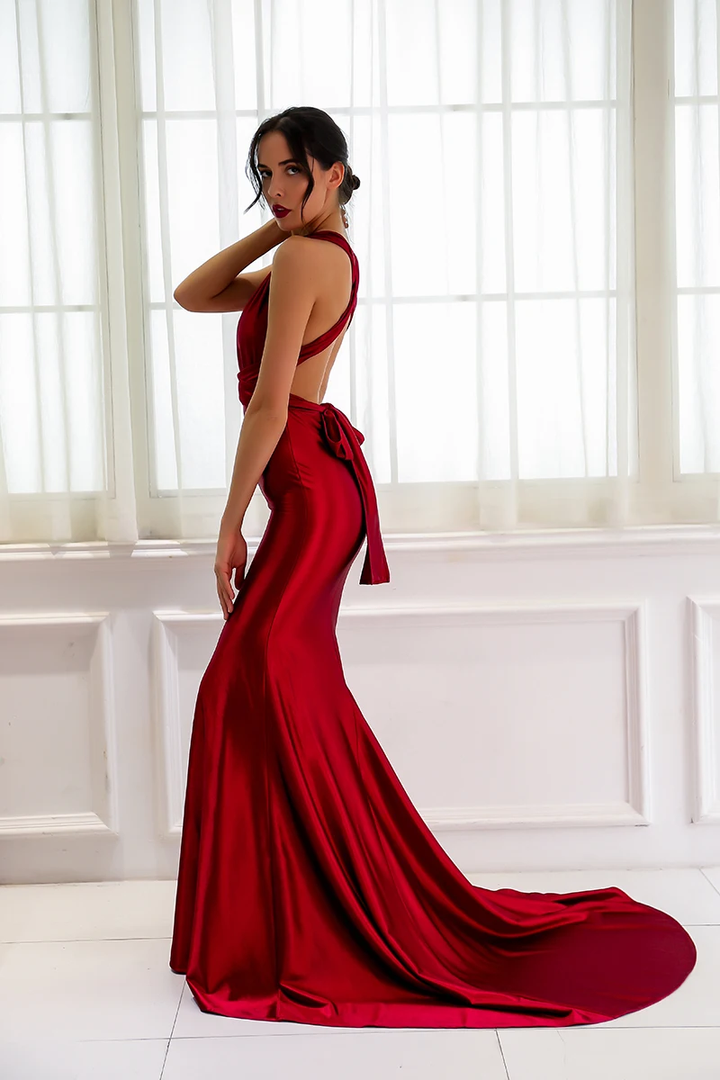 Joyfunear Elegant backless satin long dress Women evening summer dress Party sexy red maxi dresses Bandage vestidos pajamas