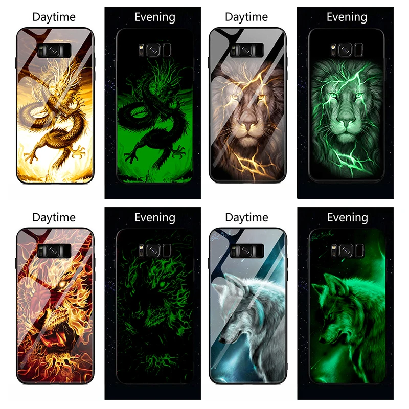 Светящийся стеклянный чехол с изображением дракона тигра льва для Samsung Galaxy S8 S9 S10
