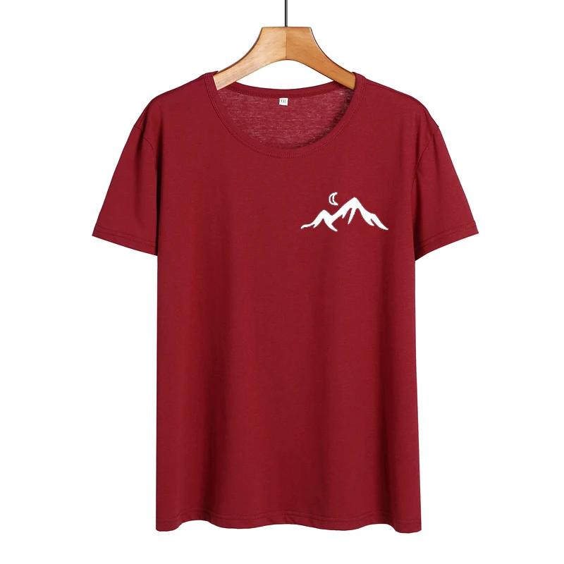 wine red-white Женские топы для походов и кемпинга, футболка с карманом и принтом горы Tumblr, хипстерская черная, белая хлопковая футболка, Повседневная футболка для женщин - Цвет: wine red-white