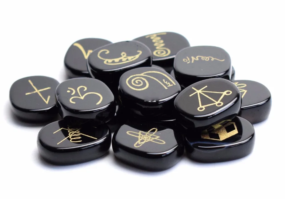 16 PIECES Natural Chakra Black Obsidian Engraved Crystal Reiki KARUNA Magic Symbols Healing Palm Stones Set with a Free Pouch | Дом и сад