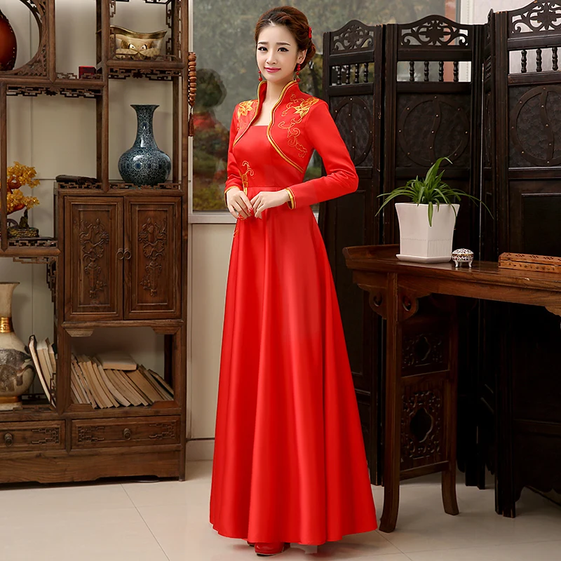 Осень Зима Новое Женское вышитое цветочное атласное Cheongsam китайское свадебное платье с длинным рукавом вечернее Ципао вечерние платья